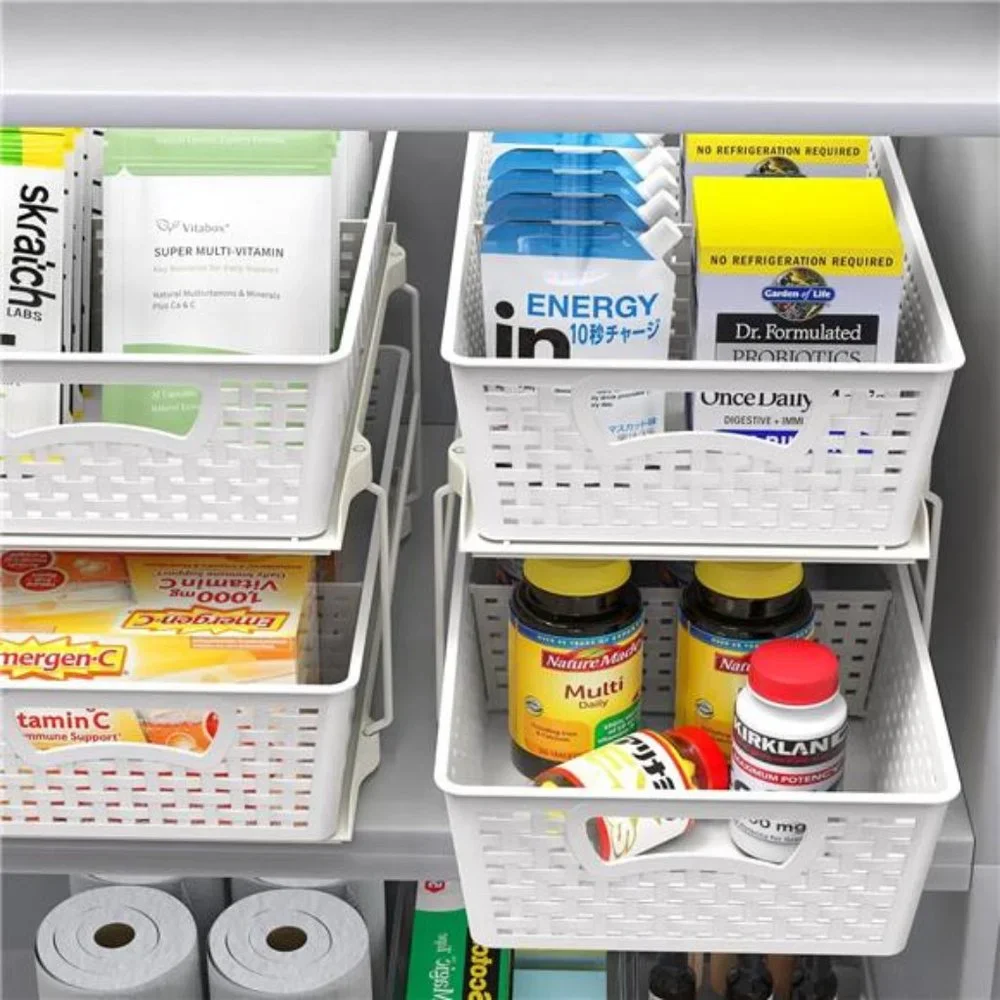 2 Tier Bathroom Organizer Tray Pull-Out Sliding Drawer/Under-Sink Storage, White